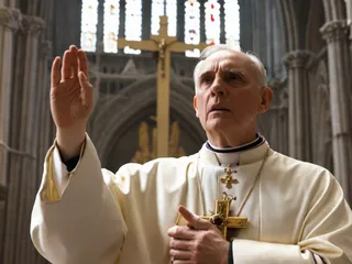 A catholic priest inside a grand cathedral, raising a golden cross with one hand, showing a panic-stricken and afraid expression.