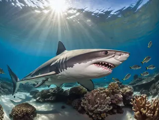 Wide-angle underwater photo showing a majestic shark swimming above coral formations in an azure sea with sunbeams penetrating the water and darting fish nearby.