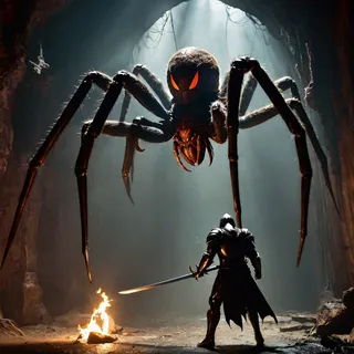 Armored knight holding a gleaming sword faces a giant spider with glowing eyes inside a dark cavern illuminated by dramatic Kodak film style lighting.