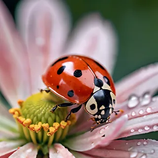 Close-up macro photo of a ladybug with bright red shell and black spots on a flower covered in rain drops under natural lighting.