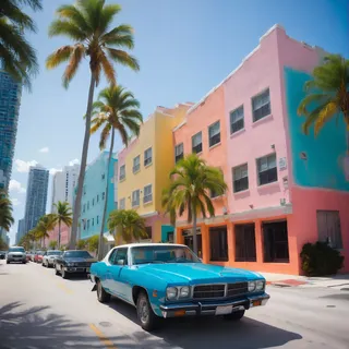 Wide-angle view of a Miami street lined with palm trees and colorful buildings under a clear sky, featuring a bright blue 90s car parked in the foreground.