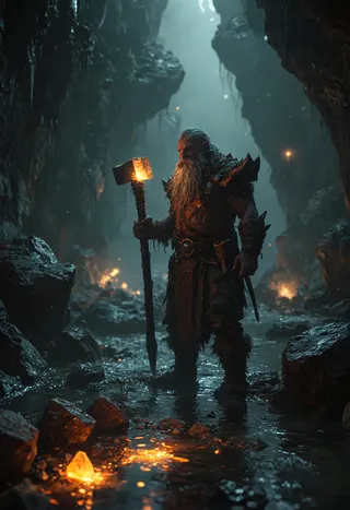 A dwarf warrior standing in a dark subterranean cave holding a glowing hammer surrounded by fiery crystals and rocky terrain.