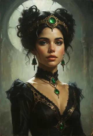 Portrait of a young imperial tsarina princess with curly black hair, wearing an ornate golden tiara with a large green gem, emerald earrings and necklace, dressed in a detailed black gown with gold trim, set against a moody, dimly lit background.