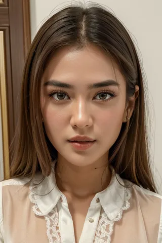 Portrait of a young woman with a very detailed face, wearing a white blouse with lace details, looking directly at the camera.