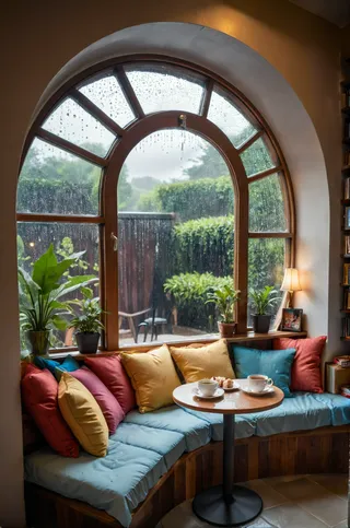 Cozy indoor nook featuring a large round window with rain droplets, colorful cushions on a curved bench, small table with tea and cakes, indoor plants, and gentle warm lighting.