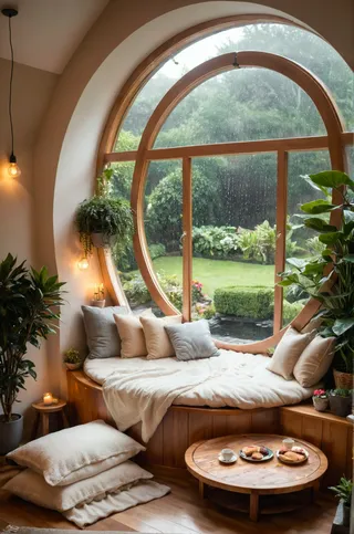 Cozy indoor lounge with soft pillows, a circular wooden window showing rainy outdoors, surrounded by indoor plants and warm lighting.