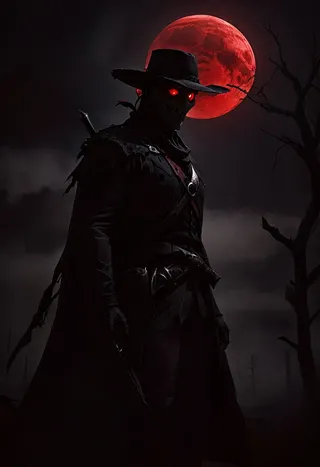 Creepy dark cowboy in black outfit and mask with glowing red eyes, standing in front of an extreme close-up bright blood moon at night with dark shadows and barren trees.