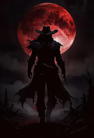 Silhouette of a creepy cowboy standing in front of a large red blood moon at night with dark shadows and low-key lighting.