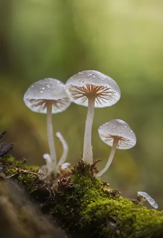 Close-up macro shot of delicate Mycena fungi growing on mossy forest floor with sparkling bokeh lights in soft green background.