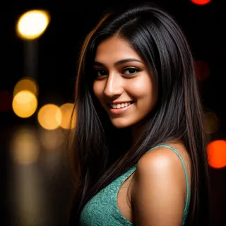 Close-up night portrait of a smiling young woman with black hair and light brown eyes, hair partly across her face, in front of a blurred bokeh background.