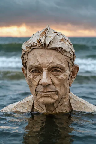 Close-up origami-style portrait of a mature man emerging from cold sea water at dawn with a serene expression and folded paper details