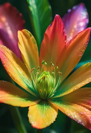 Close-up of a vibrant, multi-colored flower with shades of yellow, orange, red, and green petals, showing fine details, with an iridescent green fairy about to perch delicately on the petal edge.