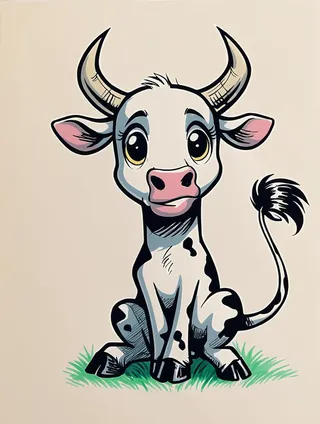 Cute cartoon drawing of a little cow with big eyes sitting on green grass, rendered in a pencil sketch style with black and white spots.