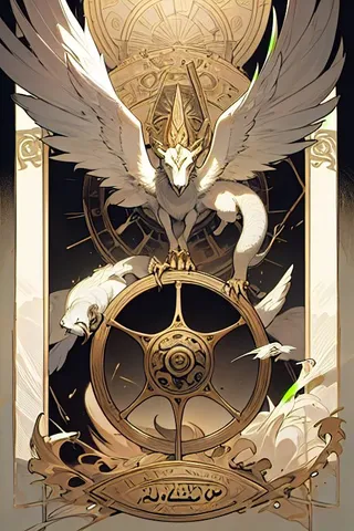 A detailed Wheel of Fortune tarot card featuring a majestic winged creature perched on a large golden wheel, surrounded by symbolic elements from ancient mythology and alchemy.