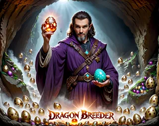 Wizard in purple robes holding glowing spotted dragon eggs inside a mystical cave filled with numerous large spotted eggs, highlighted by rays of light.
