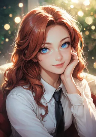 Portrait of a mature woman with auburn hair and striking blue eyes, wearing a white button-up shirt and black tie, lit by warm golden hour light with a bokeh background.