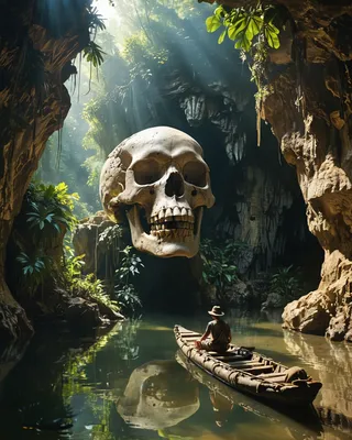 A giant skull forming a cave entrance in a jungle setting with a man sitting on a raft in calm reflective water, illuminated by rays of light.