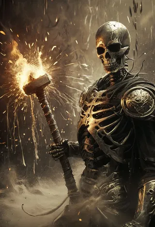 A silver skeleton cyborg holding Thor's hammer amidst a fiery explosion, with cinematic lighting and ethereal haze creating a dramatic and photorealistic scene.