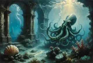 A detailed underwater scene showing a large kraken with many tentacles near ancient ruins, surrounded by coral reefs, seaweed, and seashells with sunlight filtering through clear water.