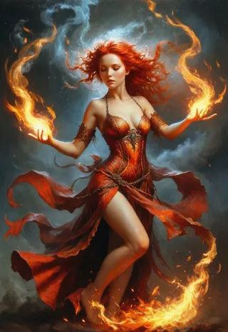 A powerful fire sorceress with flowing red hair and an intricate robe, casting fiery flames with dynamic motion and elemental fury around her.