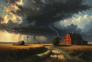 A dramatic stormy sky with a tornado and lightning over a rural midwest farmland featuring a red barn, country road, windmill, and vast golden fields.