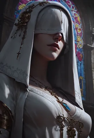 Close-up of a blindfolded woman with pale skin wearing a white robe decorated with gold and a gold-decorated veil, standing inside a church with stained glass windows in the background.