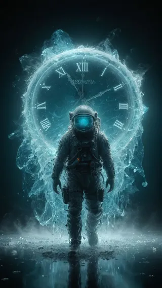 A hyper-realistic astronaut time traveler walking forward with a large glowing icy clock behind, Roman numerals visible, surrounded by translucent blue ice and mist.
