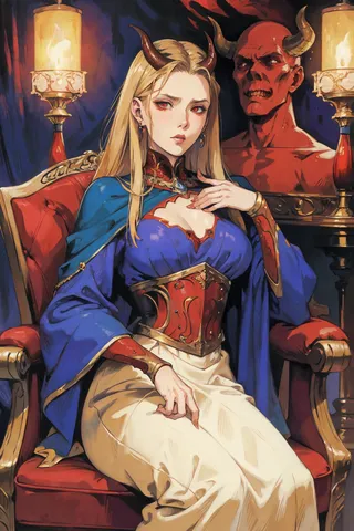 A Caucasian female demon queen with horns seated on an ornate red throne, dressed in a blue and white gown with red armor accents, accompanied by a red-skinned horned demon figure in the background under candlelight.