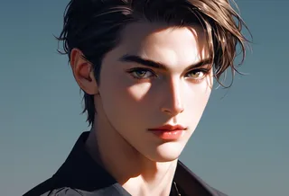 Realistic digital portrait of a young man with light brown hair, greenish eyes, soft shadows and highlights on his face against a plain blue-gray background.