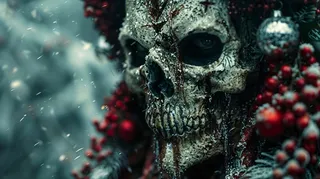 Close-up detailed portrait of a skull mask decorated with red berries and snow, capturing a Christmas horror fantasy theme in 4k digital art style.