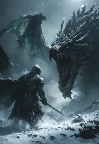 A hyper-detailed dark fantasy scene showing a templar knight wielding a sword in a snowy forest, confronting a colossal frost dragon breathing ice amid swirling snow and shattered trees.