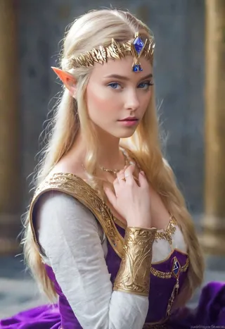 Portrait of Zelda with blonde hair, elf ears, blue eyes, wearing a golden tiara and a deep purple medieval dress with gold details.