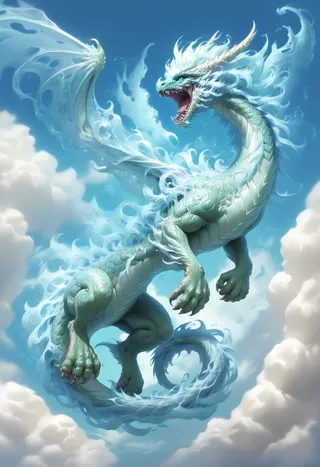 A majestic air elemental dragon with a swirling, transparent, ethereal air body, roaring fiercely against a cloudy blue sky background.