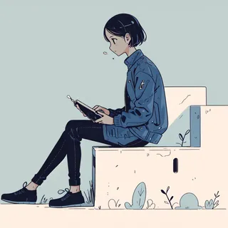 Illustration of a girl in a blue jacket sitting on a white bench, reading a book in a hand-drawn style.