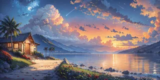 A beautiful outdoor landscape featuring a stone house near a calm lake at sunset with mountains in the background, palm trees, blooming flowers, and a starry sky with a full moon and shooting stars.