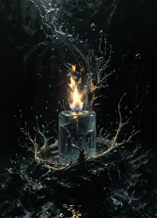 A highly detailed candle with a flame that emits from water, surrounded by dramatic water splashes and dark twisted branches in an 8k ultra-detailed dark scene.