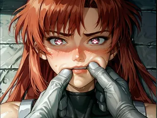 Close-up anime screencap of a red-haired kunoichi wearing a sleeveless bodysuit, showing symbol-shaped pupils and flushed cheeks with fingers pinching her mouth.