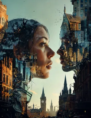 Double exposure image showing two human profiles merged with intricate Gothic cityscape, blending urban architecture with human silhouettes under cinematic lighting.