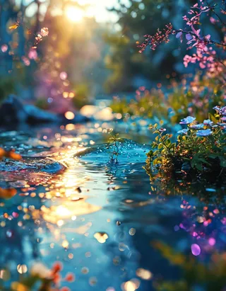 A magical lagoon surrounded by colorful flowers with photorealistic water reflections and cinematic lighting creating a dreamy bokeh effect.