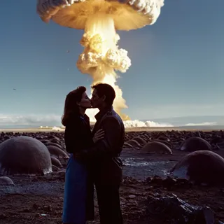 A couple kissing intimately in front of a large nuclear explosion mushroom cloud with a dark, rocky foreground under dramatic cinematic lighting.