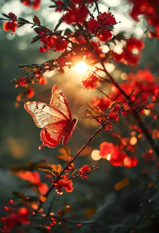Close-up of a glowing red translucent butterfly perched on a branch with red flowers illuminated by sunlight in a summer landscape.