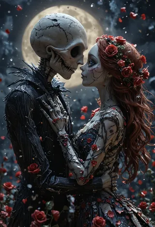 Jack Skellington and Sally embracing under the moonlight surrounded by roses and a night sky in Tim Burton style.