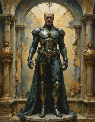 A grim knight wearing detailed steampunk armor stands in a dilapidated ancient cloister with ornate pillars and statue carvings, exuding a commanding presence.