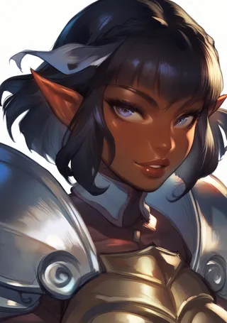 Portrait of a dark skinned elf girl with dark bob cut hair wearing shiny armor against a white background.