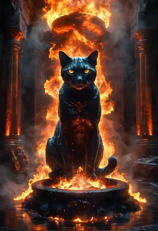 A black cat with glowing orange eyes sits majestically surrounded by flames in an ancient, dark temple with stone pillars and smoke.