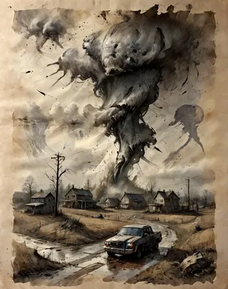 Detailed illustration of a tornado tearing through a rural area on aged, tattered paper with ink splashes and parchment texture