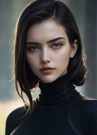 Close-up portrait of a woman wearing a black turtleneck, with sharp focus, natural lighting, and detailed skin texture.