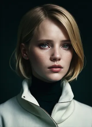 Close-up portrait of a blonde woman with sharp focus wearing a black turtleneck and white jacket, featuring natural lighting and film grain effect.