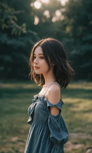 Young girl with pointy hair wearing a cold shoulder dress standing outdoors at dusk with blurred background and warm natural lighting.