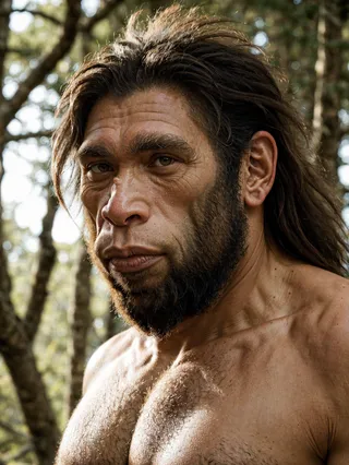 Photorealistic portrait of a male Neanderthal with natural skin texture and lighting, set against a blurred forest background